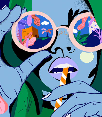 Illustration colorée d’un personnage avec lunettes reflétant un paysage, réalisée comme piste créative pour le projet Razel-Bec